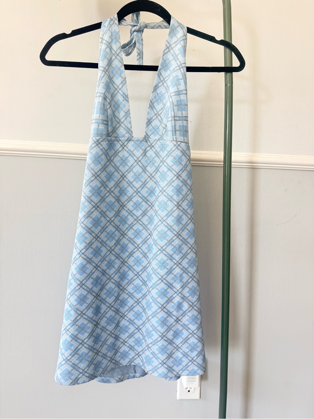 Vintage Backless Halter Mini Dress in Light Blue Plaid